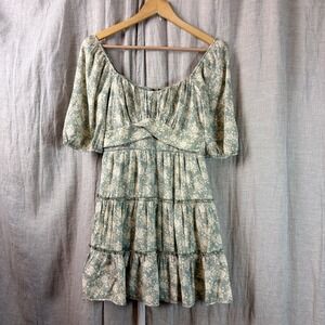 Trixxi Babydoll Mini Dress Sz M Green Floral Ruffle Hem Milkmaid Y2K Cottagecore